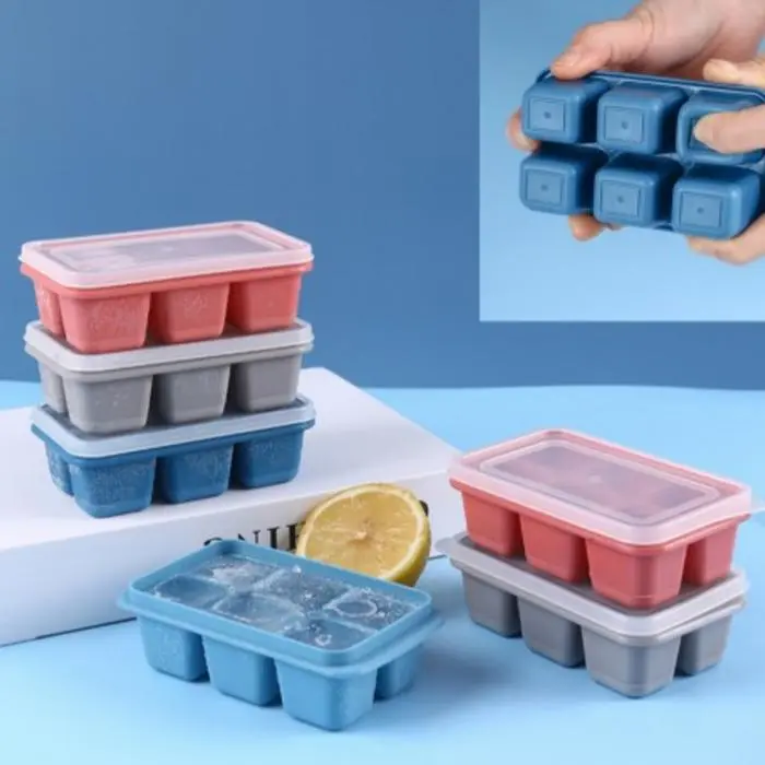Jumbo Ice Cube Mold Cetakan Es Batu Silikon 6 Cube Dengan Tutup 6 Lubang PERSEGI Kitchenware Plastik BPA Free Cocok Untuk Minuman Wine Jus Bahan Aman Dan Mudah Dicuci kulkas