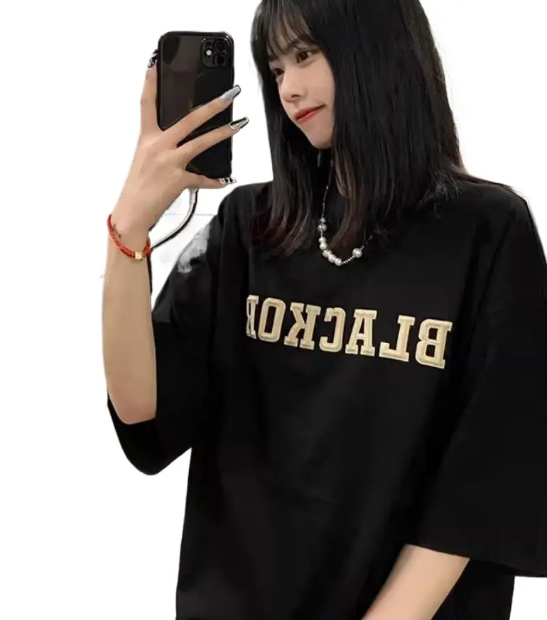 American retro plus loose letter short sleeved T-shirt for women's summer chic Hong Kong style fashionable casual couple top