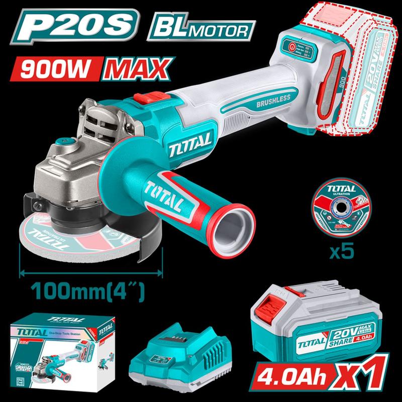  Máy mài góc 900W dùng pin  20V Total TAGLI261021   Động Cơ Ko Chổi Than  
