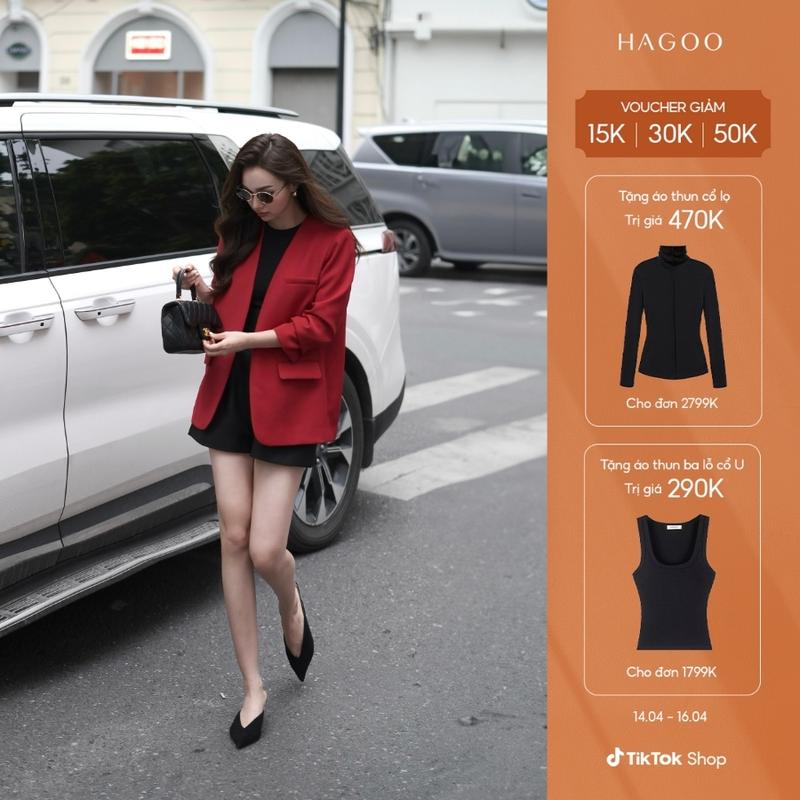 HAGOO Áo Blazer không ve dài tay 4 màu ĐEN/ TRẮNG/ ĐỎ / NÂU thiết kế công sở có đệm vai [B459] Women Top Jacket Áo Khoác