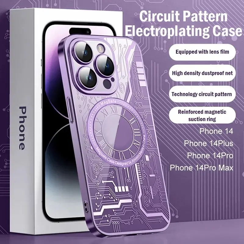 Luxury Plating Clear Magnetic Case For iPhone 14 13 12 Pro Max 14 Plus Wireless Charger Circuit texture Hard Casing