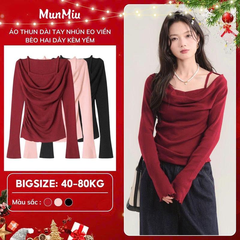  Áo thun nữ Bigsize MunMiu dài tay chất liệu thun giấy nhún eo viền bèo hai dây kèm yếm siêu xinh 392 