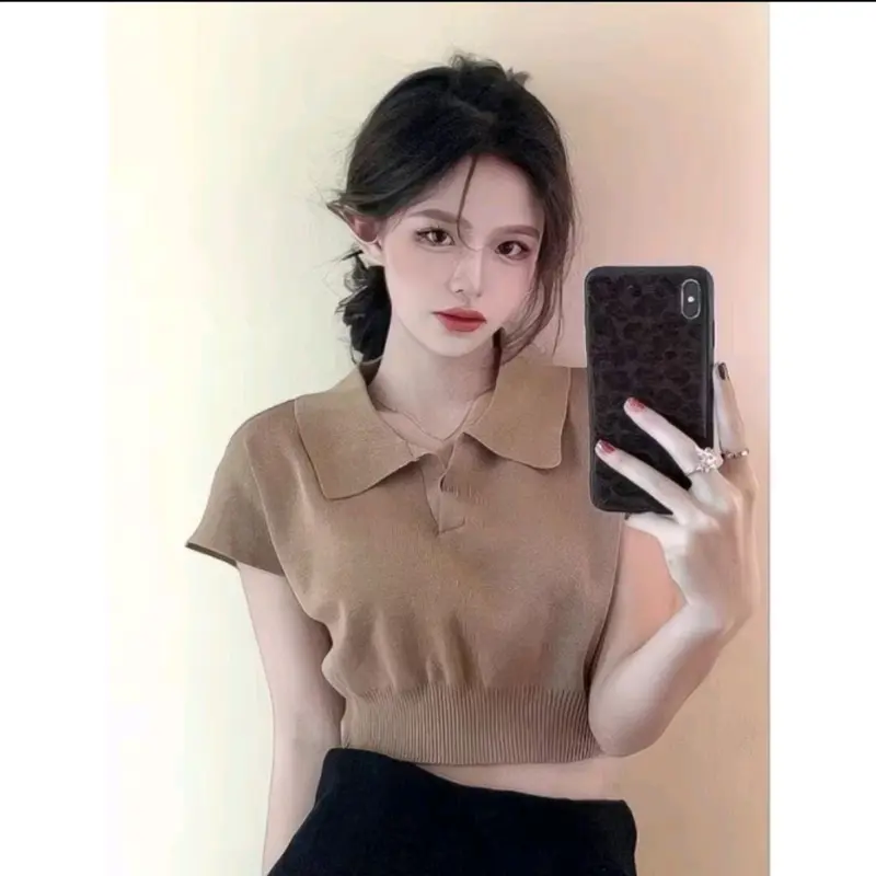 Atasan Rajut Polo Crop Top Knit / Crop Top Wanita Polos / Casual Top Pendek Knitwear Kerah 5
