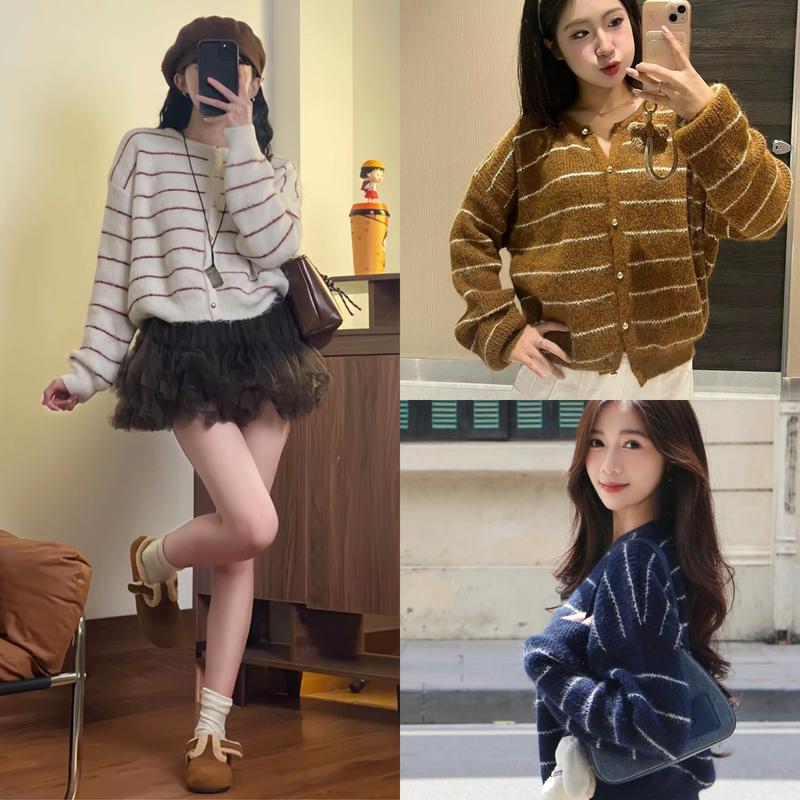 DEAL MỞ BÁN Áo khoác cardigan len kẻ lông dài mới SUMIISHOPHN mã AL30