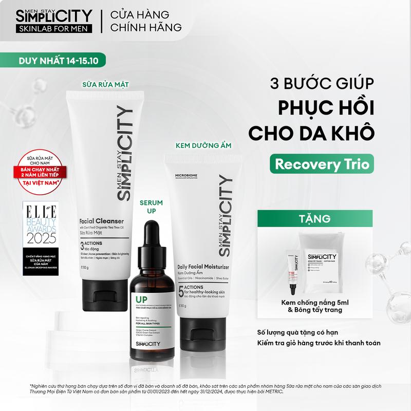 Bộ sản phẩm chăm sóc & hỗ trợ phục hồi da cho nam Men Stay Simplicity Recovery Trio gồm: 01 Sữa rửa mặt 100g, 01 Serum UP 30ml, 01 Kem dưỡng ẩm 80g
