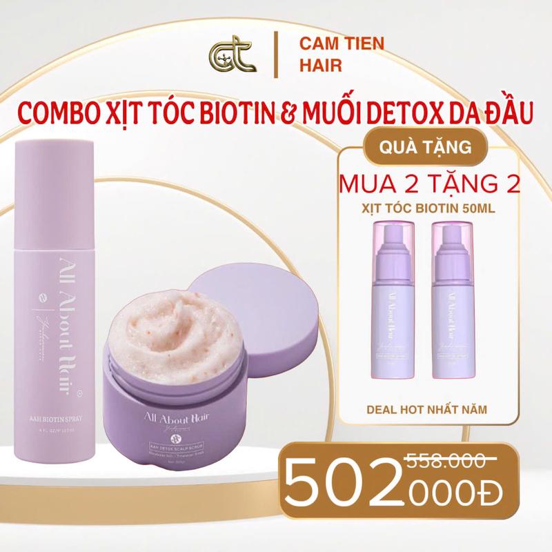 BỘ 2 SẢN PHẨM XỊT DƯỠNG TÓC BIOTIN VEGAN 2025 & MUỐI DETOX DA ĐẦU NHÀ ALL ABOUT HAIR