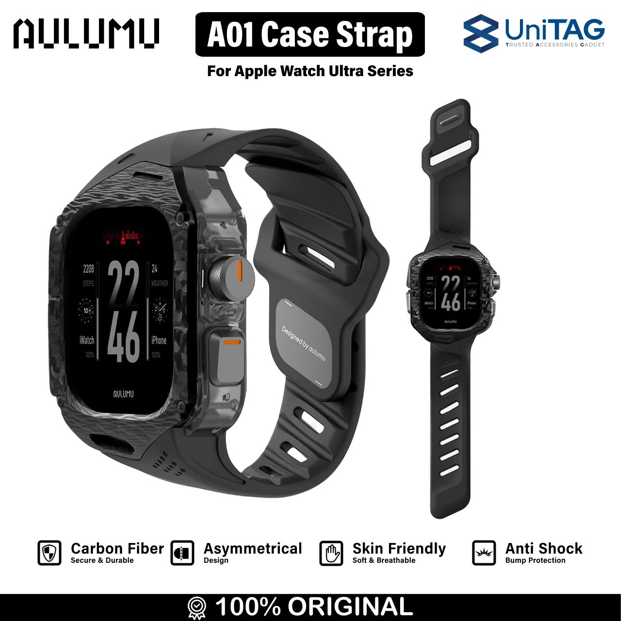 Aulumu Apple Watch Ultra 49mm (Series 3 / 2 / 1) Case Strap A01 Carbon Fiber | FKM Band - White A01-CF-WT