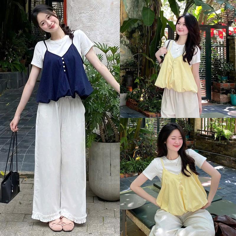 Set yếm nữ 2 dây dáng bí cúc dọc kèm áo thun thơn - by Vintagevibes.