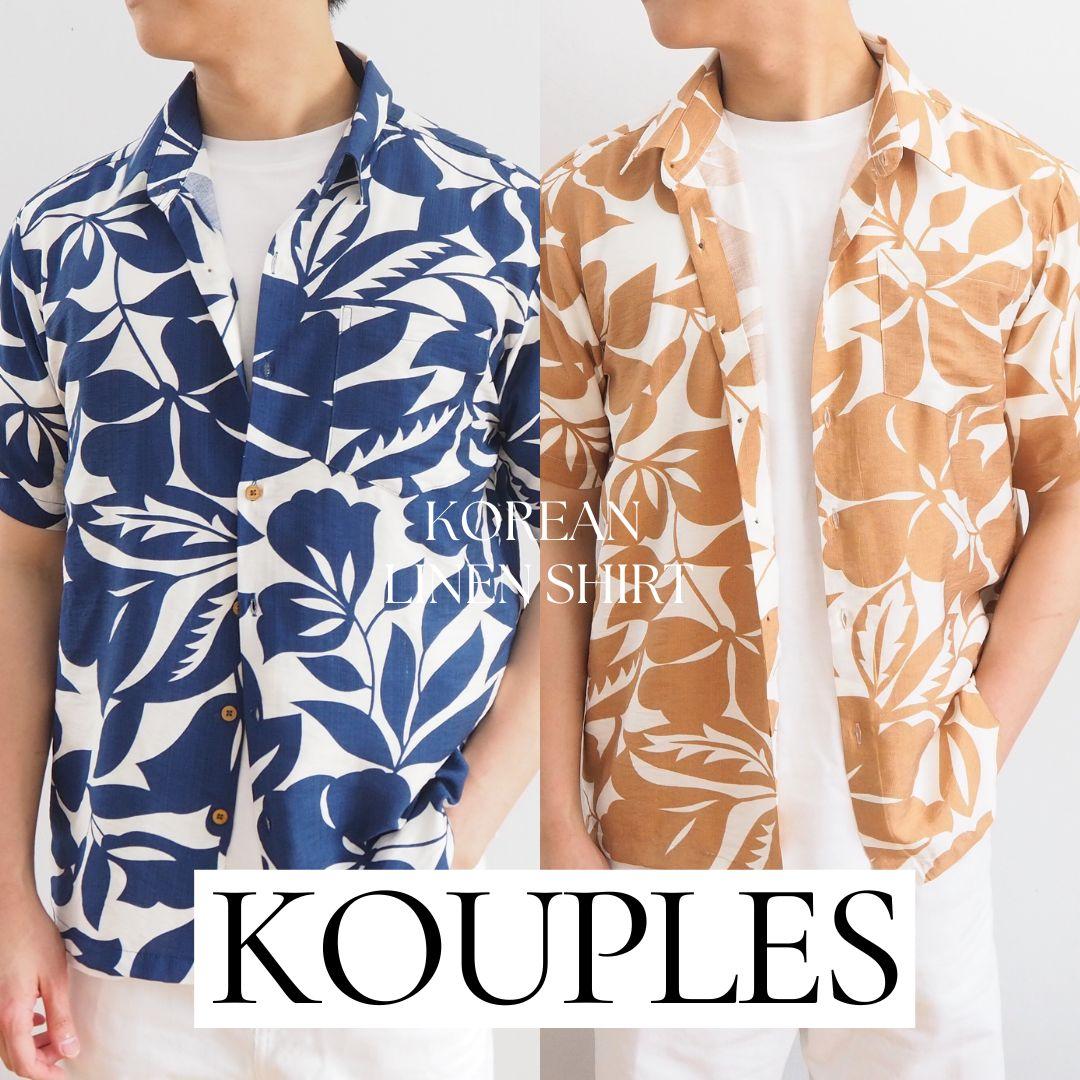 [ลินินลาย] เสื้อเชิ้ตแขนสั้น ผู้ชาย เสื้อฮาวาย ปกเชิ้ต สไตล์เกาหลี เสื้อเชิ้ตผู้ชาย by KOUPLES