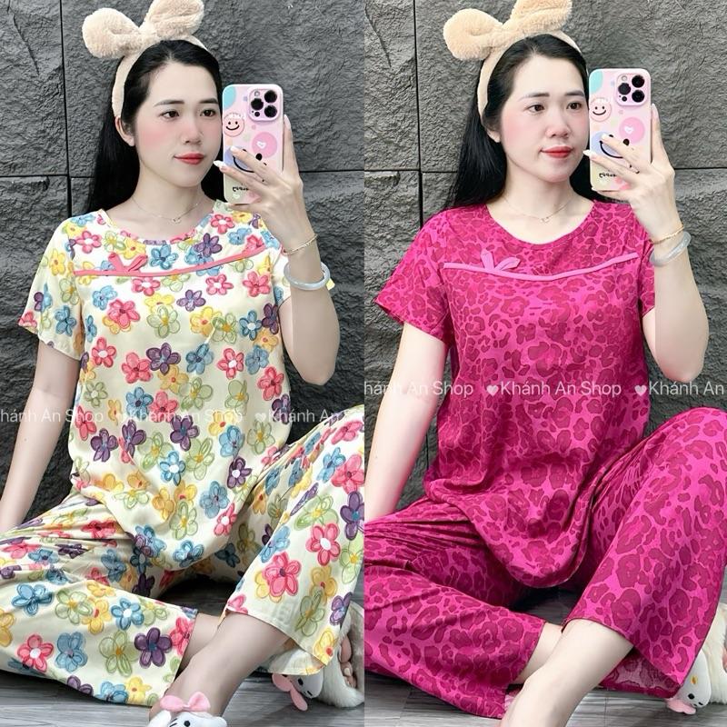 KA555- Đồ Bộ Tole Lanh Nữ Áo Tay Ngắn Cổ Tròn Phối Viền Quần 8 Tấc Size 40-80kg