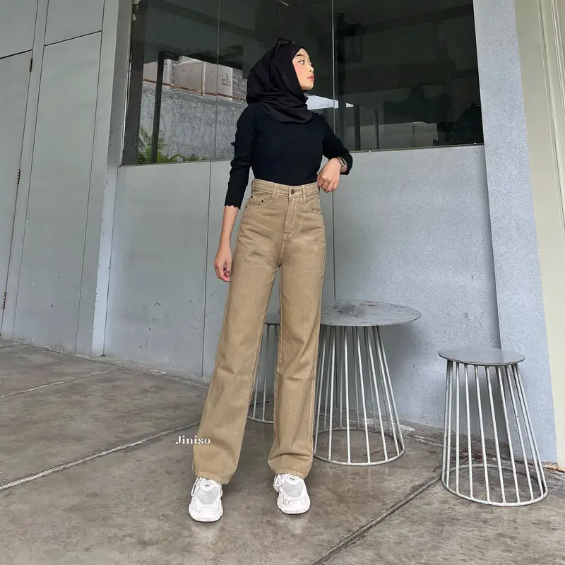JINISO HANGOVER - 814 Loose Highwaist Celana Jeans Wanita Warna Olive 3