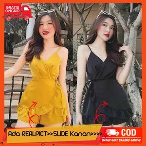 Baju Jumpsuit Pendek Wanita 0012 Narita Bahan Scuba Stretch Fit Body  /Jamsuit Wanita Pendek Rumbai Atasan Model Tanktop Warna Hitam Kuning ada Video di Patung /Jumpsuit Party Nikahan Kondangan Nikah Wedding Sexy Party Fashion Natal Xmas Newyear