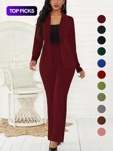 Conjunto de dos piezas para mujer con blazer liso con solapas y botones y pantalones de traje, elegante ropa de abrigo de manga larga con solapas y pantalones para uso diario al aire libre, ropa de mujer para todas las temporadas