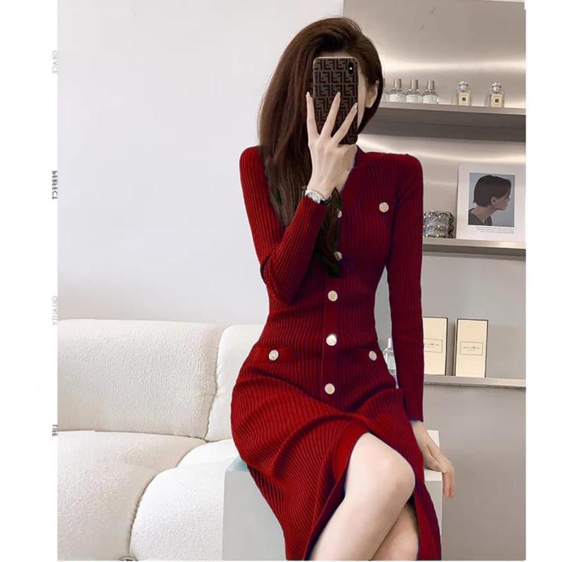 CHOICE - D8260# Aloura Knitted Button Midi Dress Import 2