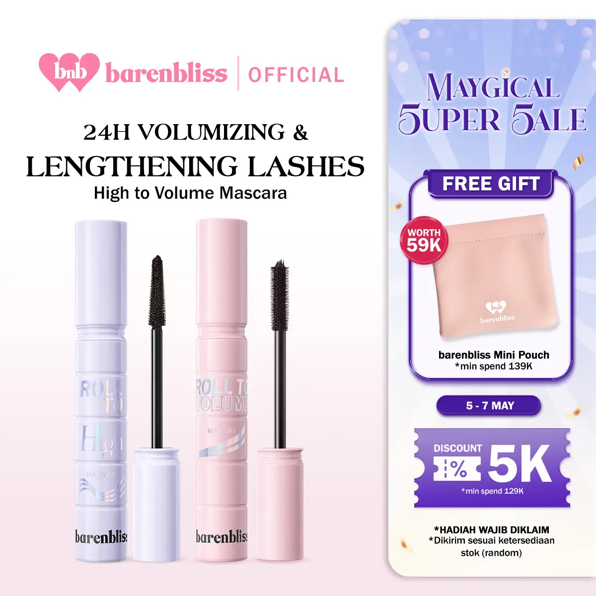 【BEST SELLING】BNB barenbliss Roll High To Volume Mascara 「Long Lasting Waterproof Smudgeproof」- Volumizing Mascara | Lengthening Mascara | Maskara dengan Vitamin E, 24 Jam Panjang & Lentik, Tanpa Gumpal: Korean Roll To Volume Mascara
