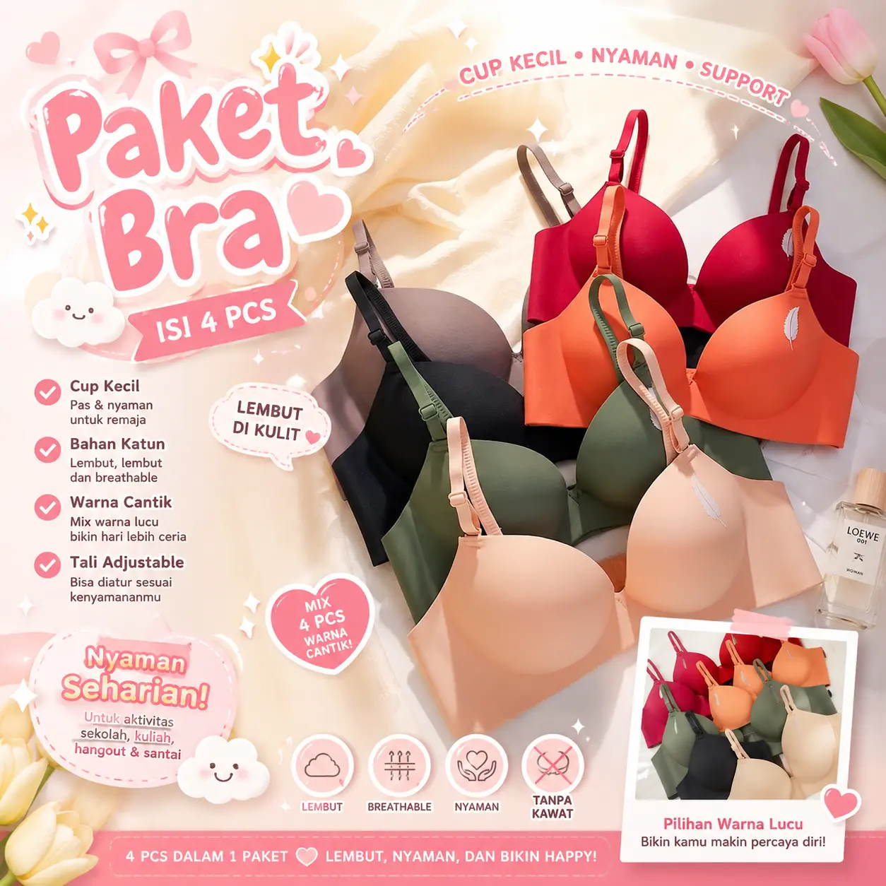 4 PCS!!!!! BRA WANITA SEAMLES CUP SEDANG BUSA  TEBAL NYAMAN DIPAKAI -914