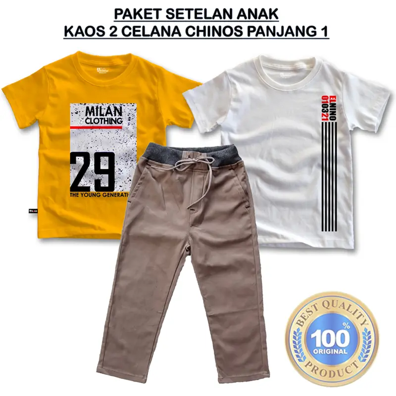 Paket setelan anak laki laki 2 kaos 1 celana Chino panjang usia 3,5-14 tahun bahan premium Kids 4