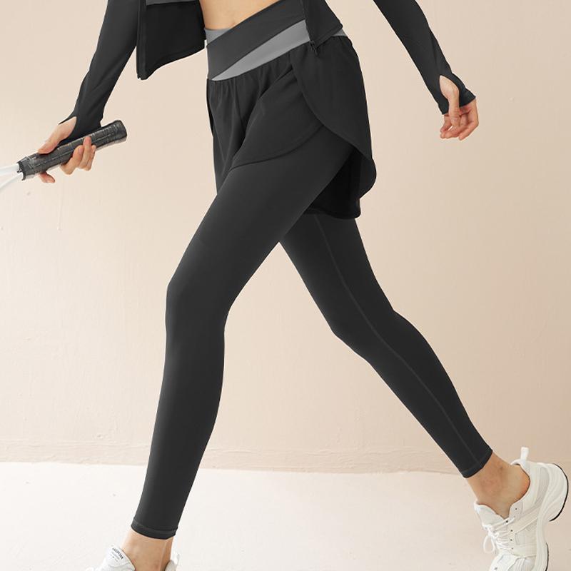 Fake two-piece color matching high elastic yoga pants anti-exposure running sports high waist belly nude feeling women's fitness pants 8