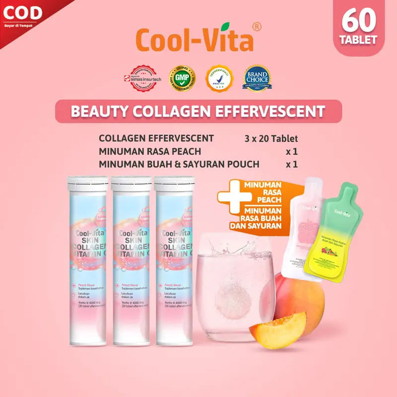 [LIVE - 60+1+1] 60 Tablet (3 Tube) Coolvita Collagen Effervescent (1 Tube @20 Tablet) + 1 Pouch Minuman Rasa Buah dan Sayuran + 1 Pouch Minuman Rasa Peach 0