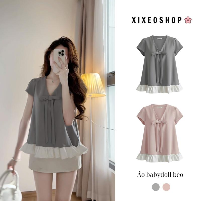  Áo babydoll XIXEOSHOP tay ngắn gắn nơ viền bèo tiểu thư - A6 