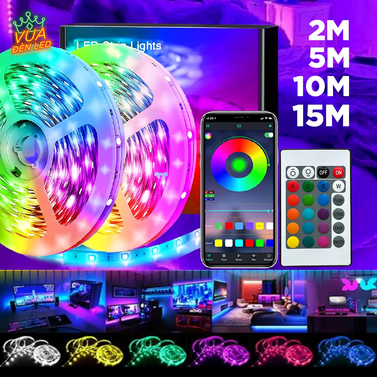 Dây Led RGB 2026 Đèn 16 Triệu Màu 10 mét 20 mét Trang Trí Decor Phòng, Điều Khiển Bằng Remote và APP điện thoại