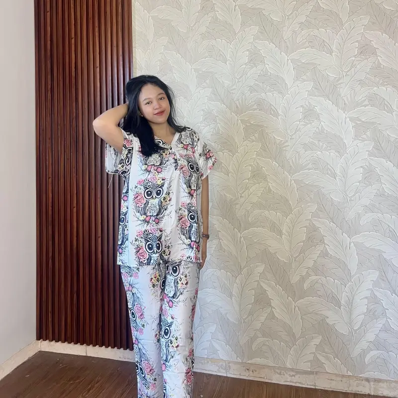 LONG ONE SET OWL ECER TERBARU BUSUI FRIENDLY RAYON WANITA PREMIUM JUMBO  Motif Nyaman Setelan Kancing Baju Pendek Celana Panjang Lembut 5