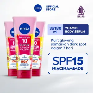 (PAKET HEMAT ISI 3) NIVEA Body Serum Extra Bright 10 Super Vitamins SPF15 180ml - Hand body serum moisturizer menyamarkan noda flek hitam dark spot mencerahkan kulit kusam badan glowing brightening tone up lembap - 10x Vitamin C, Niacinamide, Pomegranate