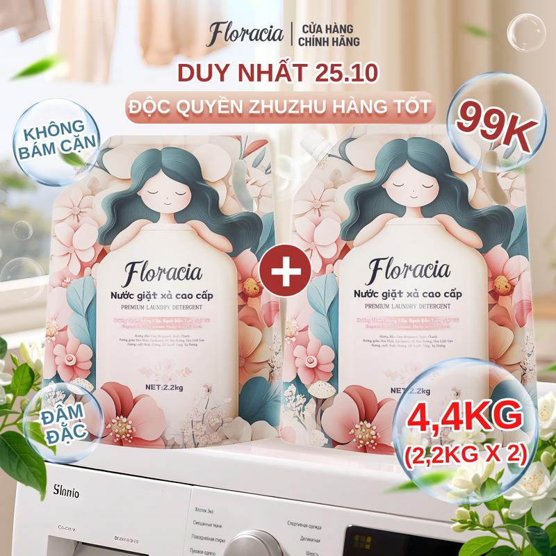 (ĐÓN CHỜ DEAL SỐC TRONG LIVESTREAM 25.10) Nước giặt Floracia túi 2.2KG hương nước hoa,sạch sâu, không bám cặn quần áo, dịu nhẹ và giữ màu vải bền lâu, không chứa huỳnh quang, không hại da