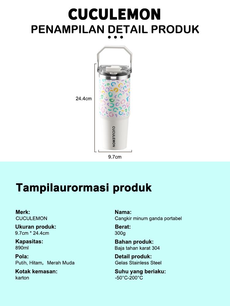 Cuculemon Tumbler Stainless 890ml | Vacuum Flask Hot & Cold 24 Jam, Anti Bocor, Dengan Sedotan & Handle, Motif Sunflower / Lip Print Aesthetic tumblers stainless botol minum sport cup bottle tumbler lucu cewek tumblers hydropack