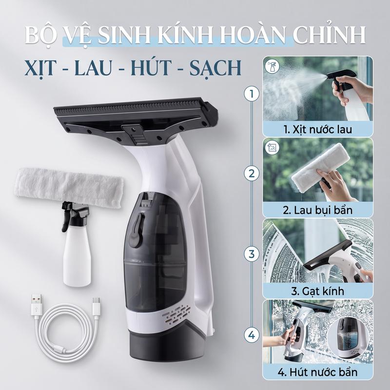 Máy lau kính cầm tay điện hút nước thải tự động sạc Type-C đầu cao su mềm không…