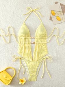 Conjunto de bikini halter sin espalda para mujer, tirantes ajustables, traje de baño cómodo y estiloso, perfecto para ropa de playa y fiestas en la piscina