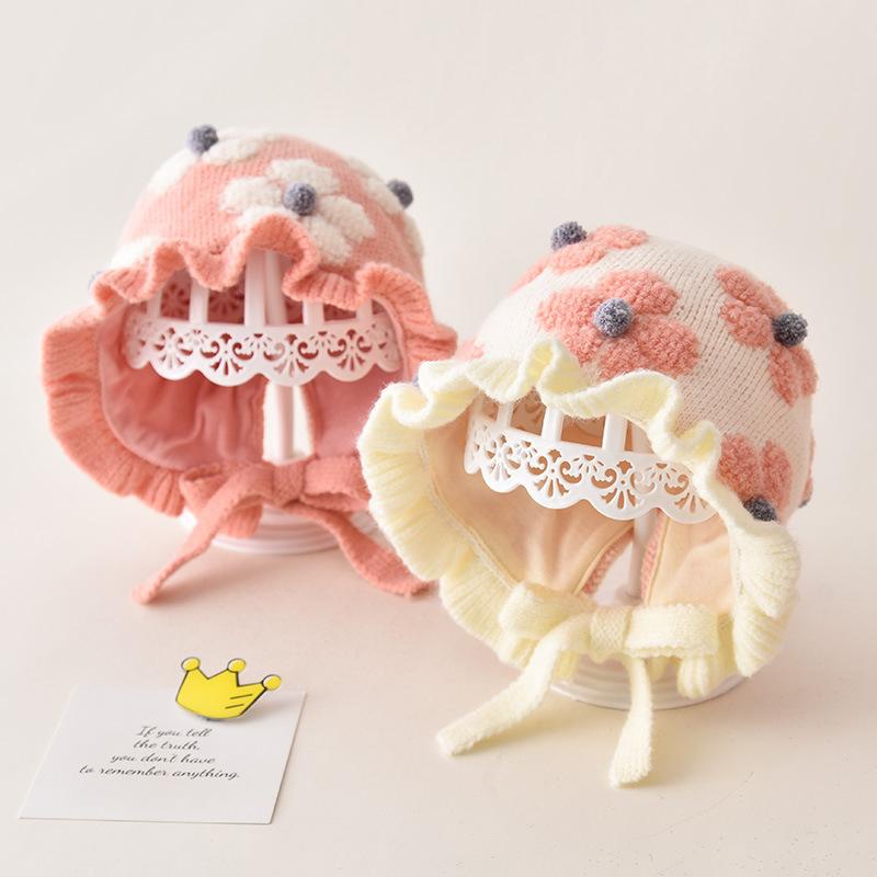 Mũ Công Chúa Hoa Mùa Đông Cho Bé, Mũ Len Dệt Kim Ấm Áp Dễ Thương, Mũ Len Cho Trẻ Sơ Sinh, Màu Trơn, Hoa, Xếp Ly, Mũ Bảo Vệ Tai Cho Bé Gái