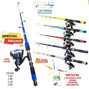 Paket Joran Bonus Softlure Pancing Antena Carbon Style Teleskopic Antena Tegek Kagawa dan Reel Pancing Putar Rell Rill Katrol Kerekan Fishing Spool dengan Free Senar dan Extra Bonus