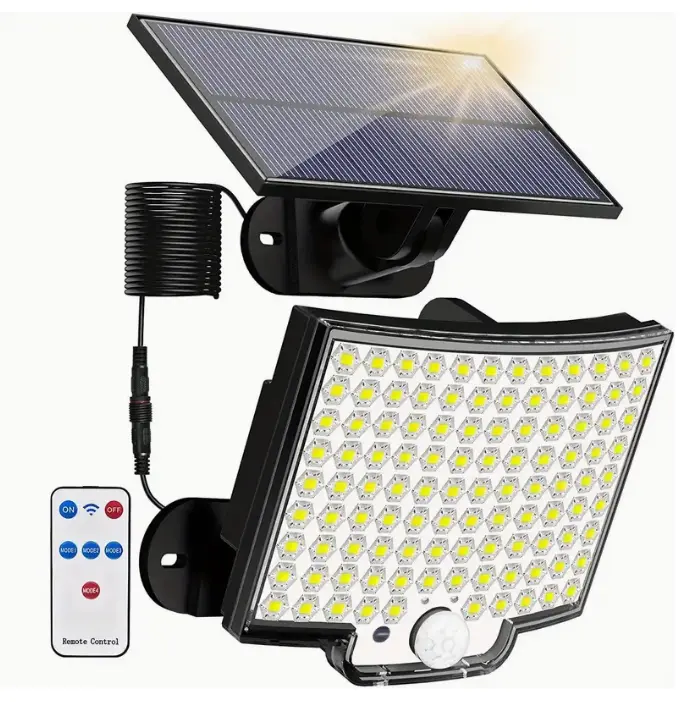 Đèn LED năng lượng mặt trời ngoài trời, ánh sáng mặt trời, 106LED, siêu sáng, cảm biến chuyển động, không thấm nước, 4 chế độ làm việc, 5,5 * 4in, thích hợp cho tường Vườn, 1 cái
