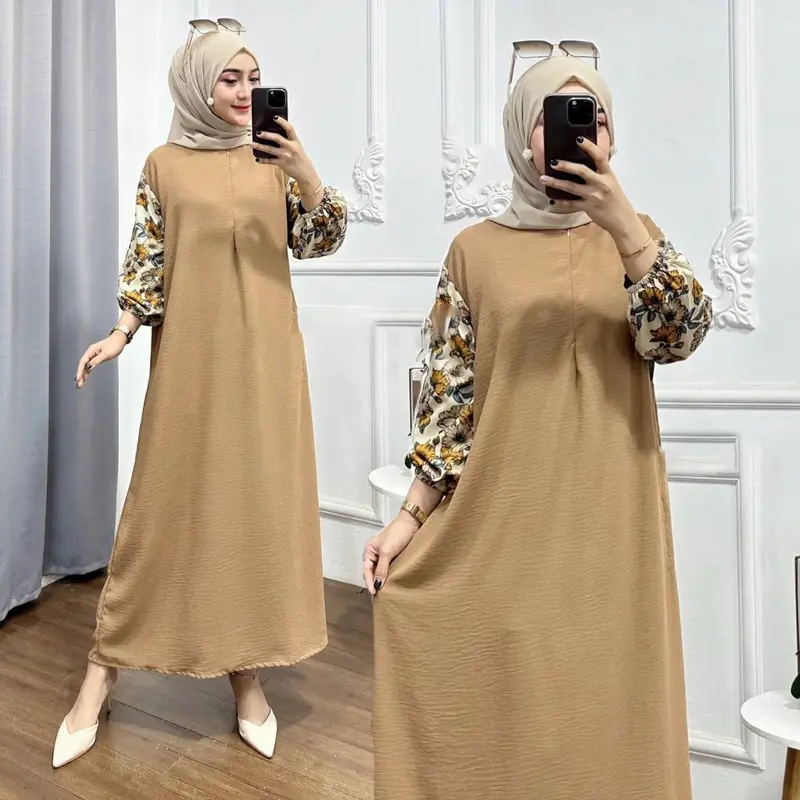 GAMIS KOMBINASI RAYON BUSUI FRIENDLY JUMBO SIZE LD120 Bunga Muslim Dress Nyaman Panjang Crinkle Garis • simpel Airflow Midi Ruffle Kotak 0