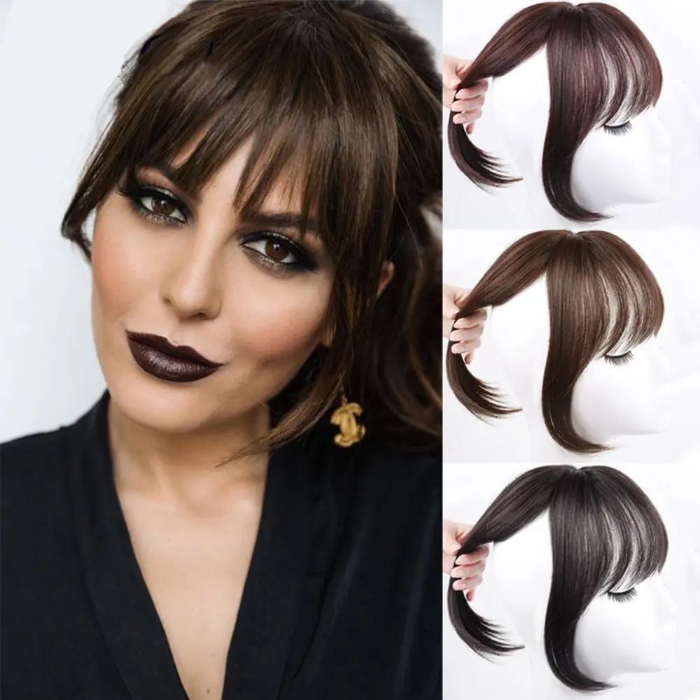 Replacement Female Brown Women Girl Cover White Hair Natural Toupee Hair Extensions Fake Fringe 3D Bangs Wig Front Neat Bang Synthetic Hairpiece Straight Bangs