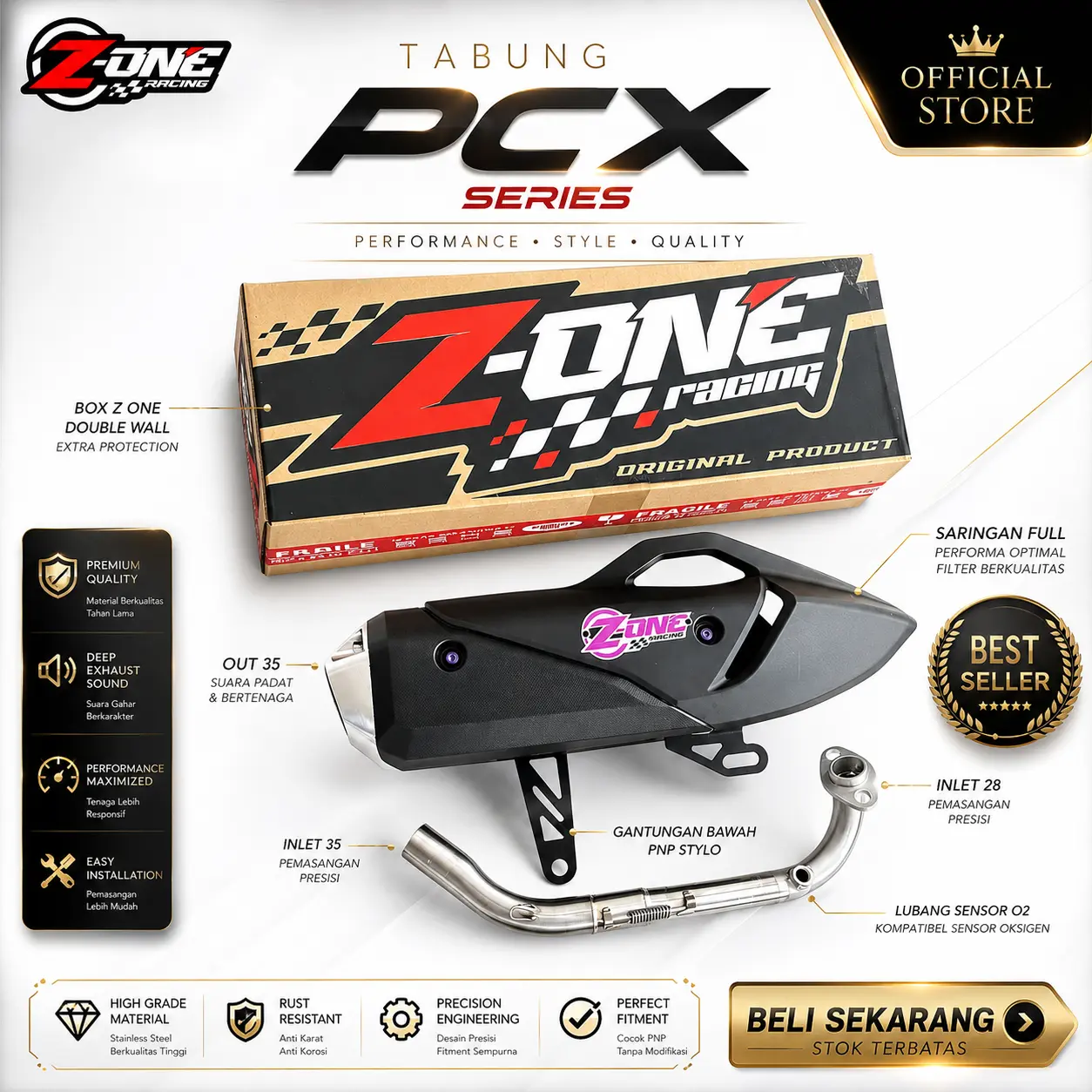 Knalpot STYLO160 Model Tabung Oval PCX Suara Adem Harian Aman tilang KHUSUS STYLO160 Knalpot Z ONE RACING