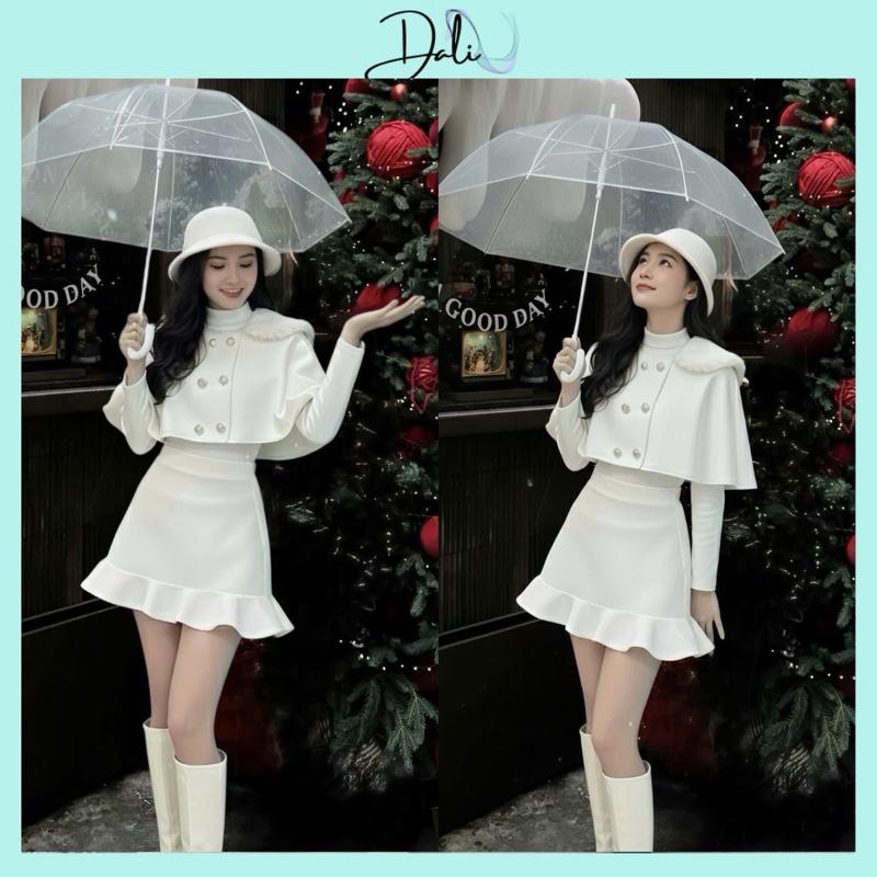   Tặng Kèm Áo Giữ Nhiệt  Set Áo Dạ Choàng Cổ Lông + Chân Váy Ngắn Đuôi Cá Chất Liệu Dạ Ép 