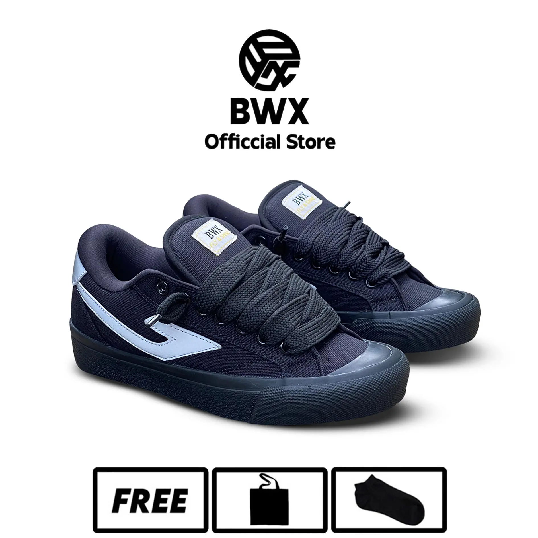 BWX - Sepatu Gemuk Bwx Vulen Black Grey Reflektive Canvas Kasual Shoes Casual Sneakers Pria Wanita Hitam Snekers cowok skena
