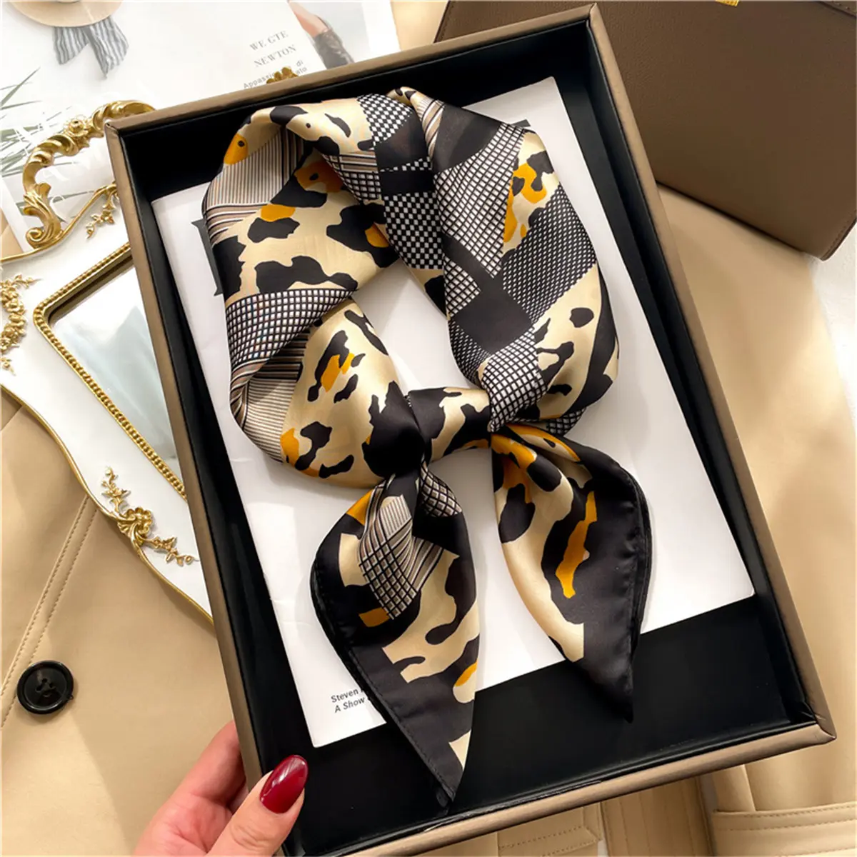 Leopard print scarf women's silk scarf 70*70cm (27.56in) imitation silk shawl premium sense scarf neck scarf letter foreign silk scarf women