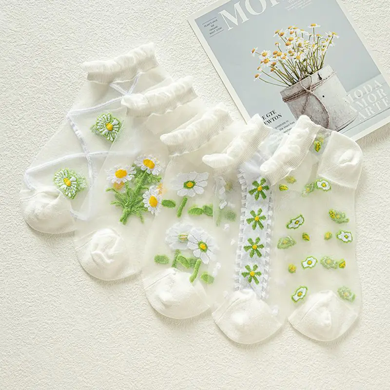 Tất Dài Đến Mắt Cá Chân, 5 Đôi, Mùa Hè Siêu Mỏng, Thoáng Khí, Ren Hoa, Khoét Lỗ Bằng Thủy Tinh Pha Lê Lụa Ngầu, Tất Ngắn Ngầu, Tất Lụa Ngầu Cho Bé Gái 5