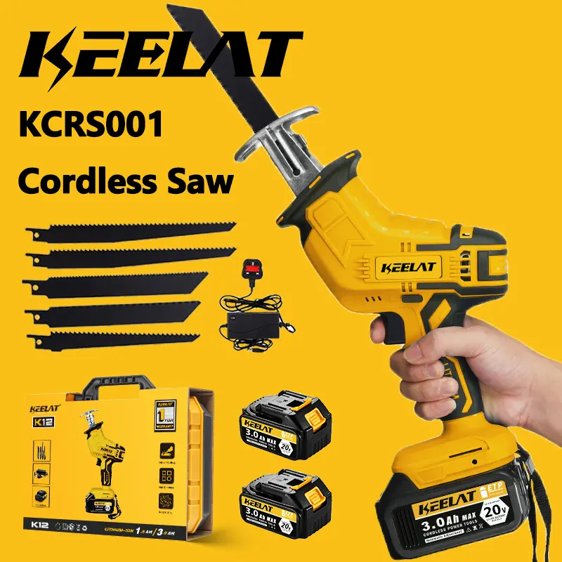 【KEELAT】KCRS001 Cordless Reciprocating Saw Gergaji Elektrik for Wood Metal Cutting with Blade 2 Battery Electric Saw Mesin Kayu Tool COD