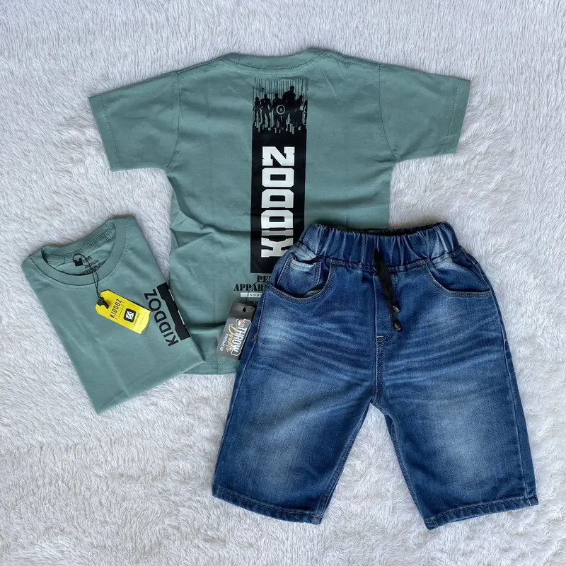 Setelan Jeans Pendek Anak Dan Kaos Distro Bahan Katun Usia 3-12 Tahun Sage Pakaian Fashion - Motif Baju 1