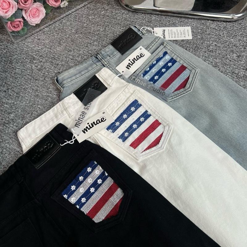   MINAE STUDIO  Quần Jeans Ống Suông Thêu Sọc Đỏ Xanh Vải Dày Mướt Đẹp 