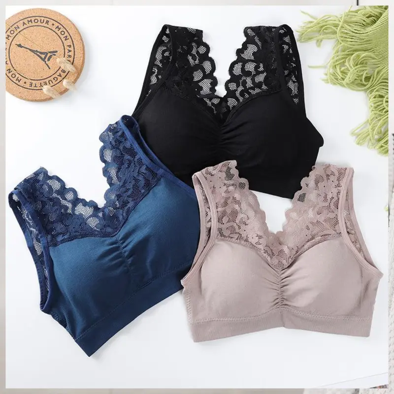 ᵖGˡiͣʸrl Bra Push Up Seamless Tanpa Kawat / Pakaian Dalam BH V neck Hiasan Renda Motif Bunga / Celana Legging YOGA Sport Olahraga GYM / Bralette Renda / Setelah Olahraga Wanita 1036 0