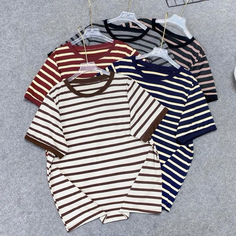 PHOM RỘNG A308 áo thun cổ tròn sọc ngang đỏ be cotton co giãn mềm mại cho nữ size bigform 50-100kg thoải mái dễ phối