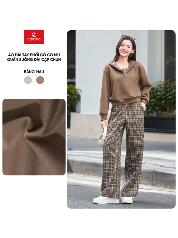 Đồ bộ nữ CARDINA áo umi dài tay có mũ kết hợp quần suông dạ kẻ 5ANF34 5QDT34 tách sét