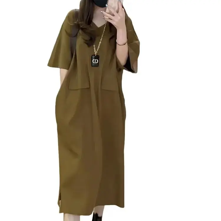 V-neck high-end dress, plus size women's clothing, socialite goddess style temperament, western-style loose and slimming dress, long length for external wear Casual Womenswear Lingerie Summer