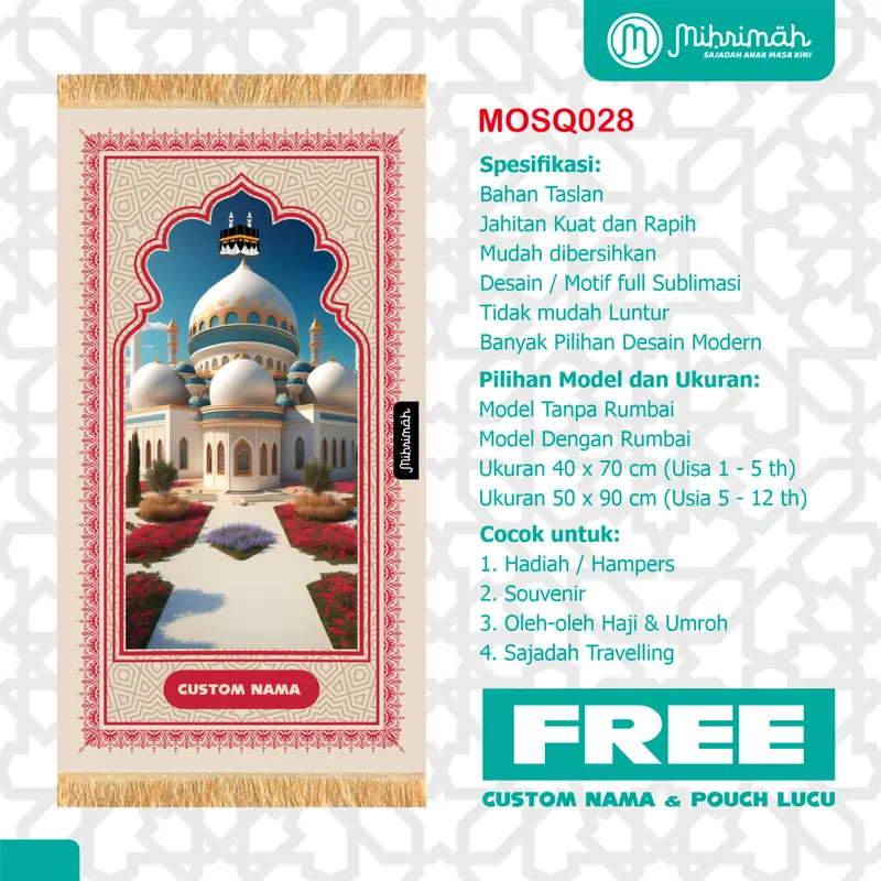 FREE CUSTOM NAMA - Sejadah Anak Perempuan anti Air- Design Trendi By Mihrimah - Mosque Series Series 3