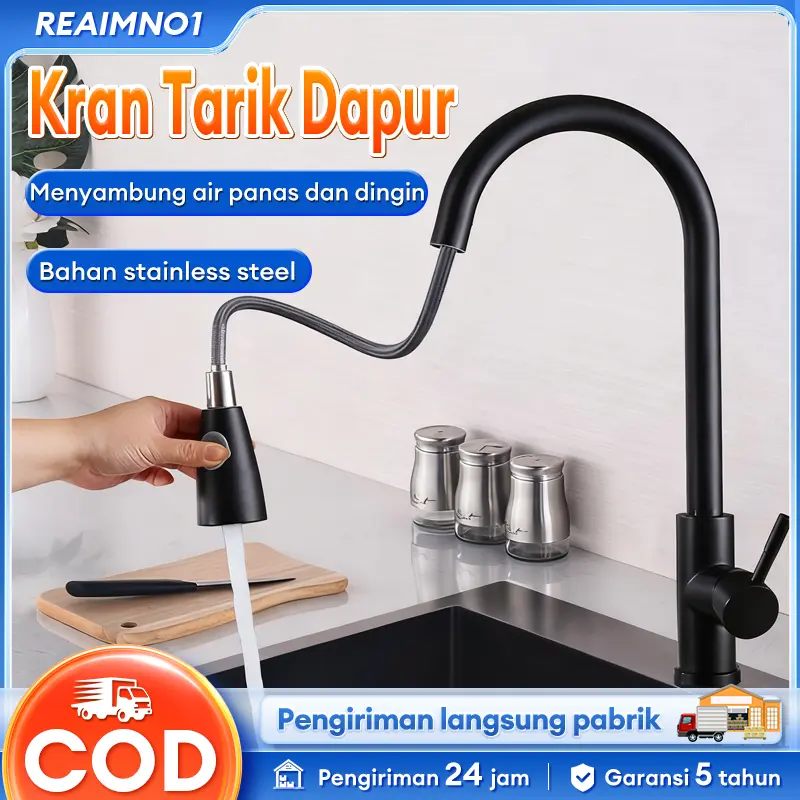 【Diskon 50%】Kran Tarik Kitchen Sink Keran Dapur Bak Cuci Piring Kran Sink Hitam Perak Stainless Kran Sink Tarik Stainless 304 Hitam / Keran Sink Tarik Hitam Bisa Buat Panas Dingin